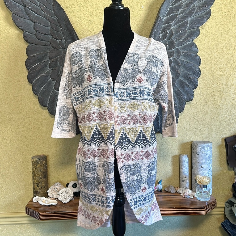 Ginger G Elephant Print Open Front Cardigan